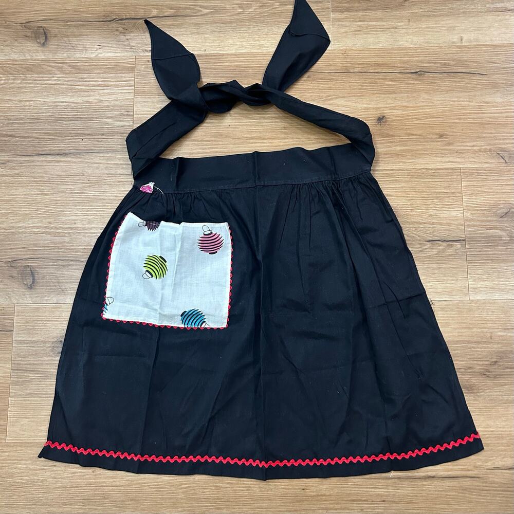 Vintage 50s Black Hostess Apron with Paper Lanterns Red Ric Rac Trim -